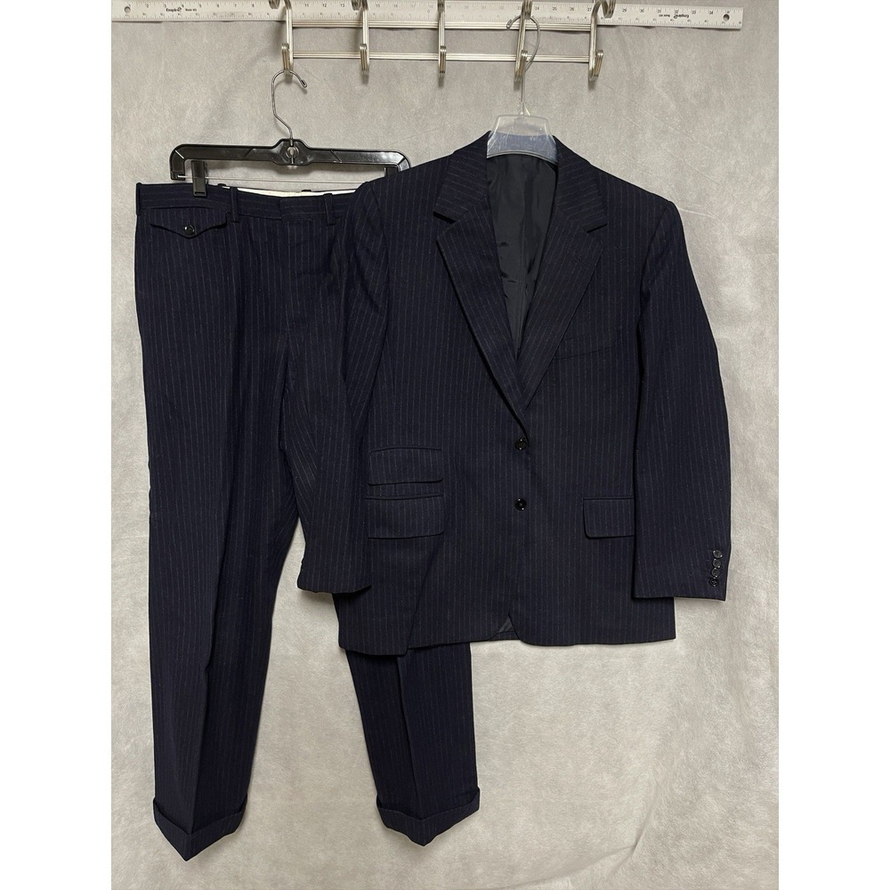 VTG Bespoke Suit Men 40R Blue Striped Tweed Winter Flannel Surgeon Cuffs 36x31 P